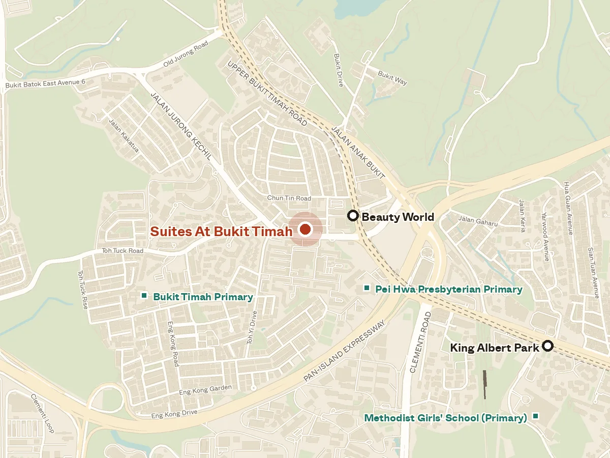 Map of the area around Suites At Bukit Timah, with nearby MRT stations and primary schools