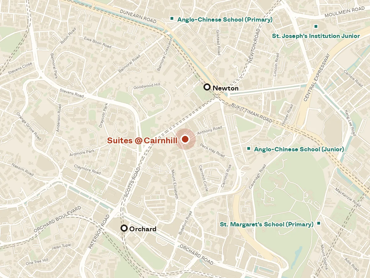 Map of the area around Suites @ Cairnhill, with nearby MRT stations and primary schools