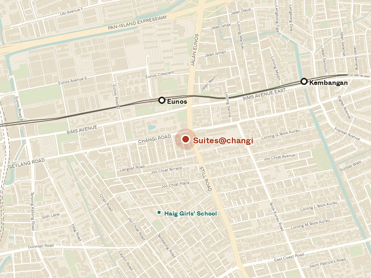 Map of the area around Suites@changi, with nearby MRT stations and primary schools