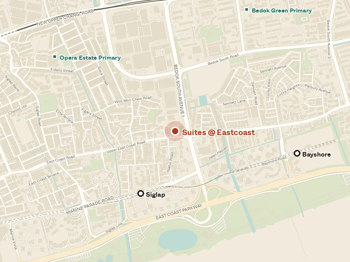 Map of the area around Suites @ Eastcoast, with nearby MRT stations and primary schools