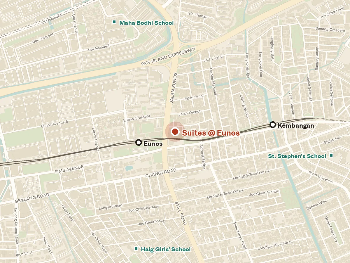 Map of the area around Suites @ Eunos, with nearby MRT stations and primary schools