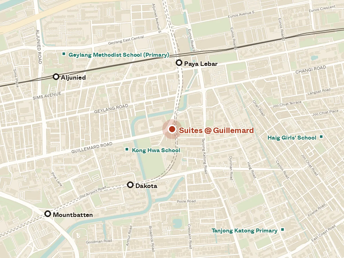 Map of the area around Suites @ Guillemard, with nearby MRT stations and primary schools