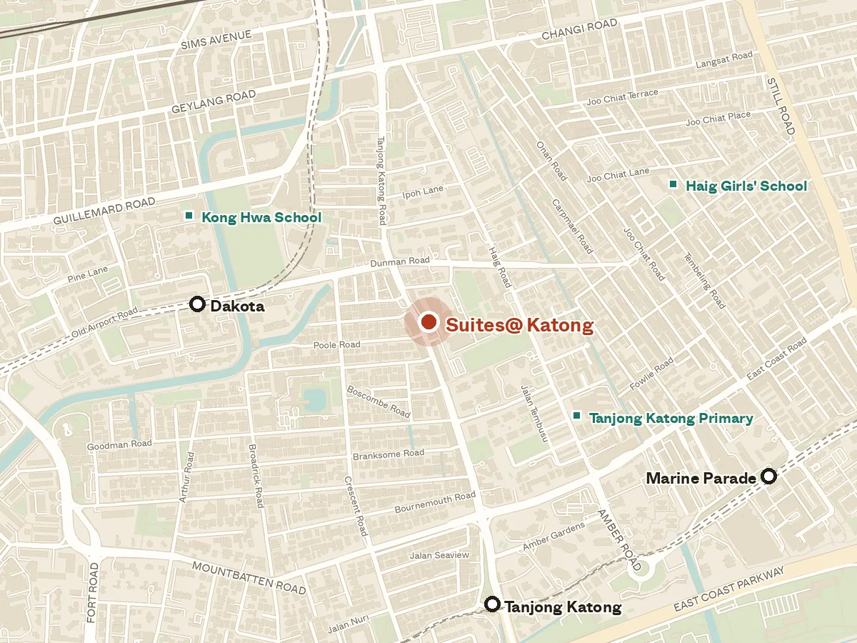 Map of the area around Suites@ Katong, with nearby MRT stations and primary schools