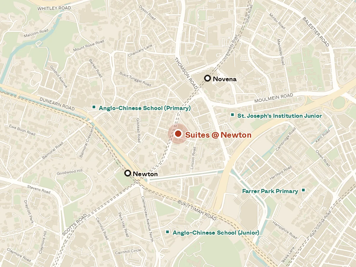 Map of the area around Suites @ Newton, with nearby MRT stations and primary schools