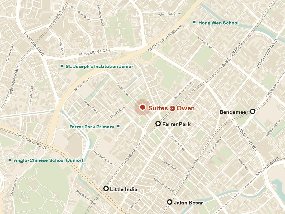 Map of the area around Suites @ Owen, with nearby MRT stations and primary schools