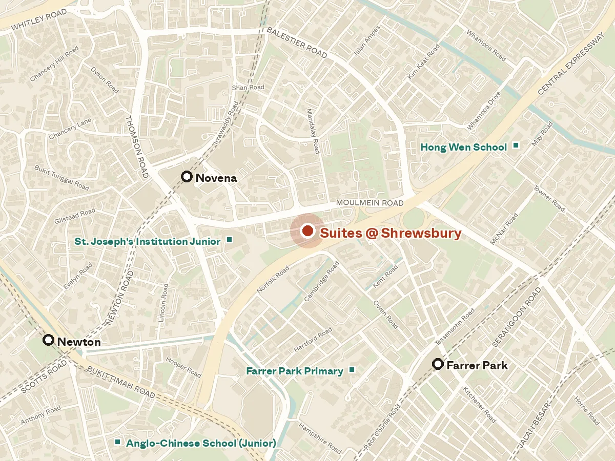 Map of the area around Suites @ Shrewsbury, with nearby MRT stations and primary schools