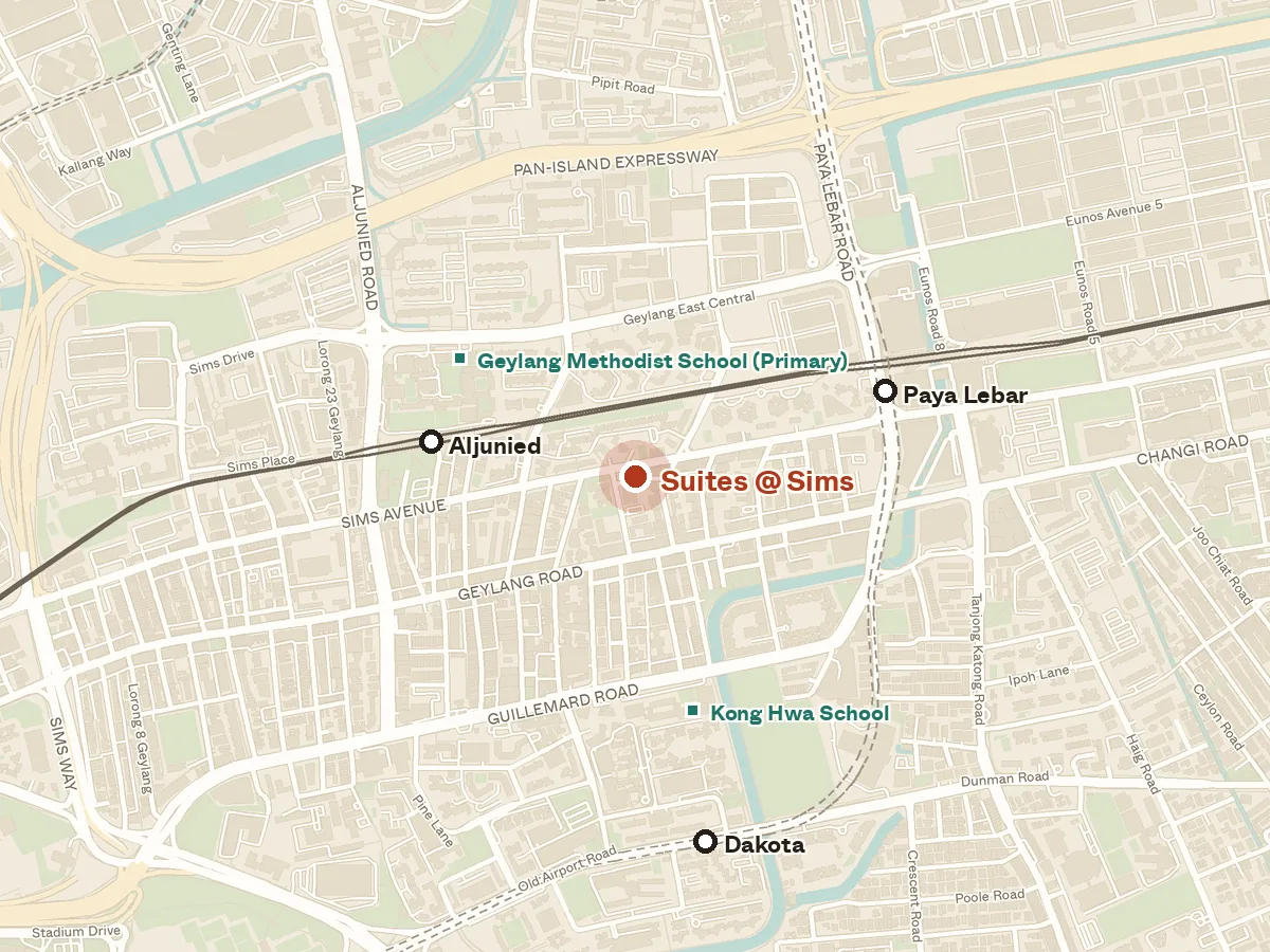 Map of the area around Suites @ Sims, with nearby MRT stations and primary schools