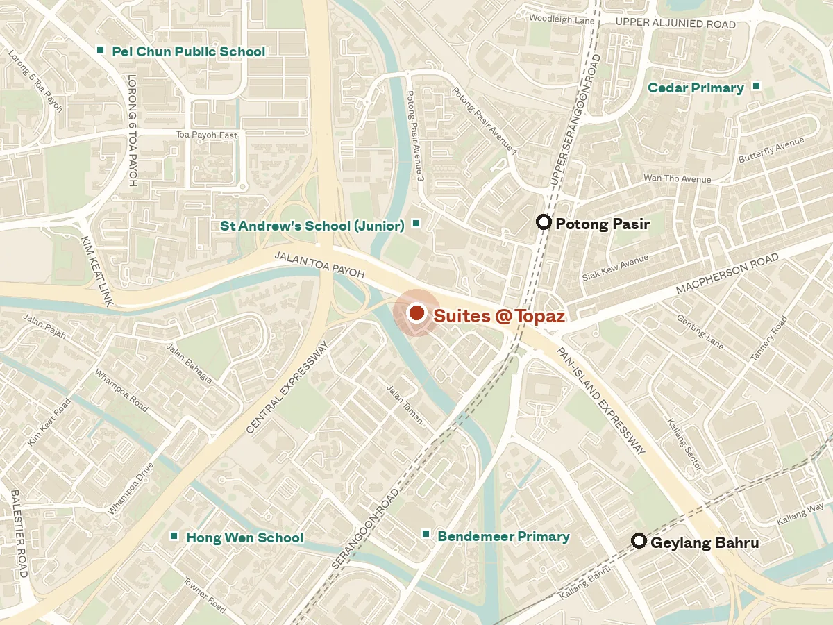 Map of the area around Suites @ Topaz, with nearby MRT stations and primary schools