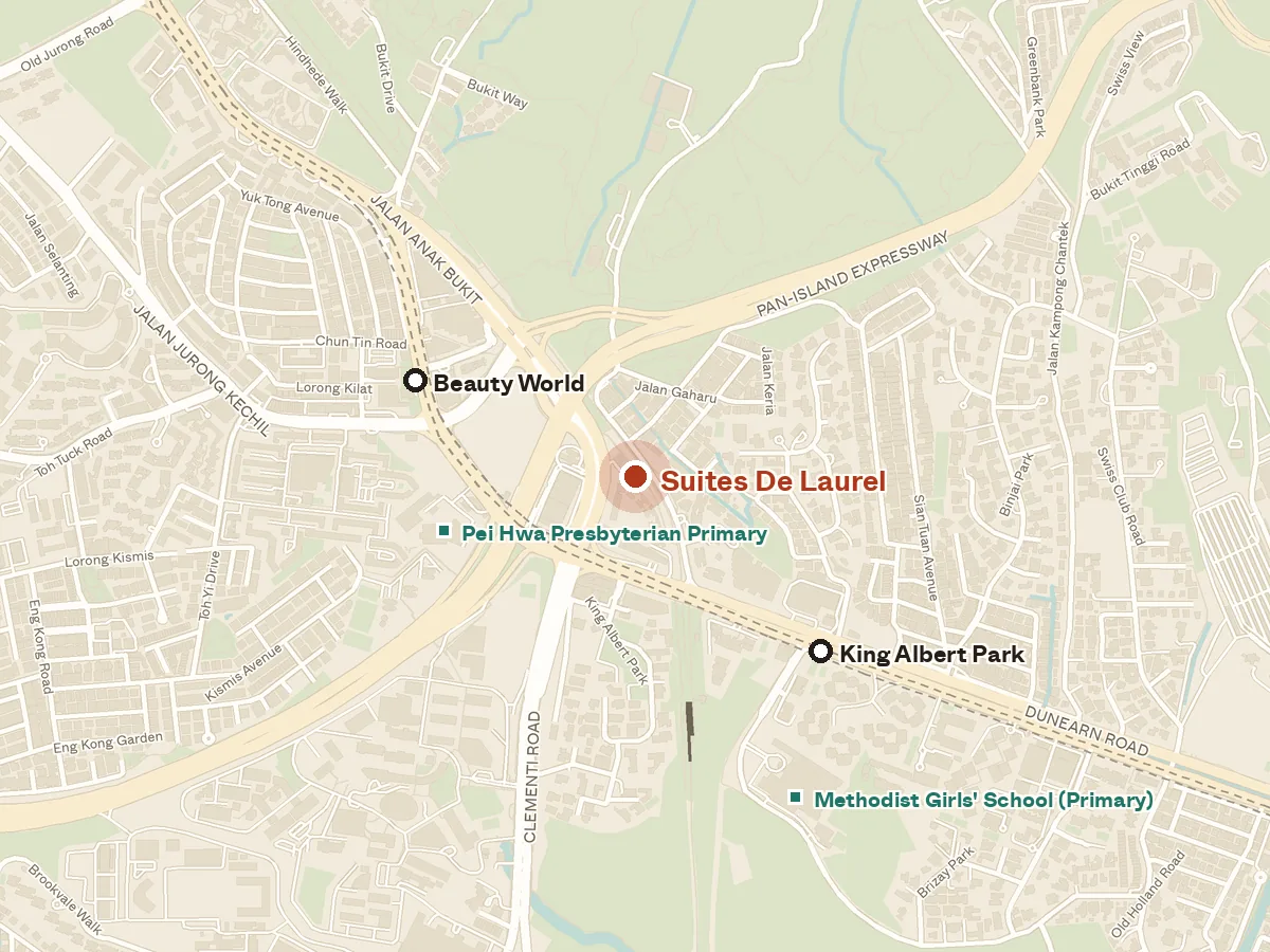 Map of the area around Suites De Laurel, with nearby MRT stations and primary schools