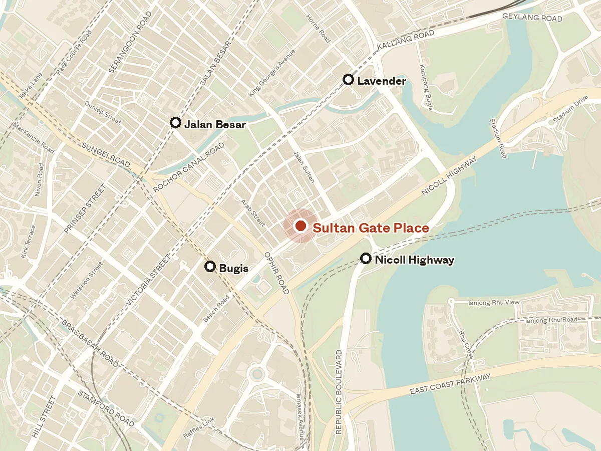 Map of the area around Sultan Gate Place, with nearby MRT stations and primary schools