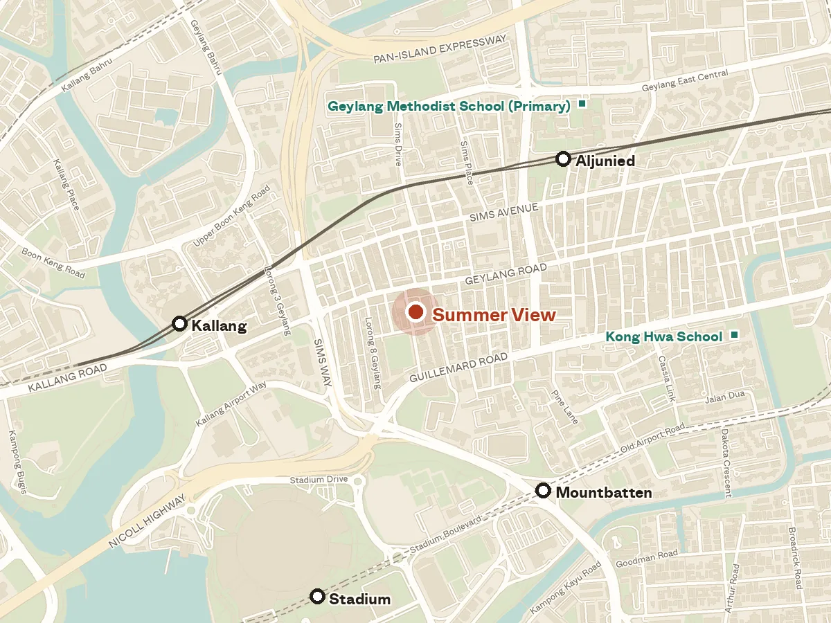 Map of the area around Summer View, with nearby MRT stations and primary schools
