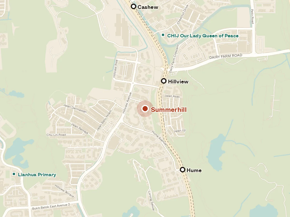 Map of the area around Summerhill, with nearby MRT stations and primary schools