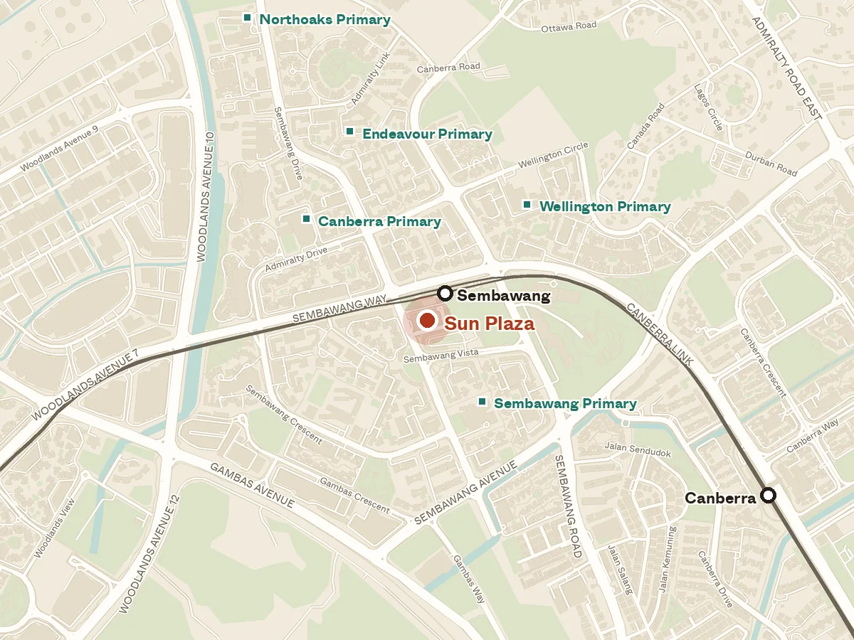 Map of the area around Sun Plaza, with nearby MRT stations and primary schools