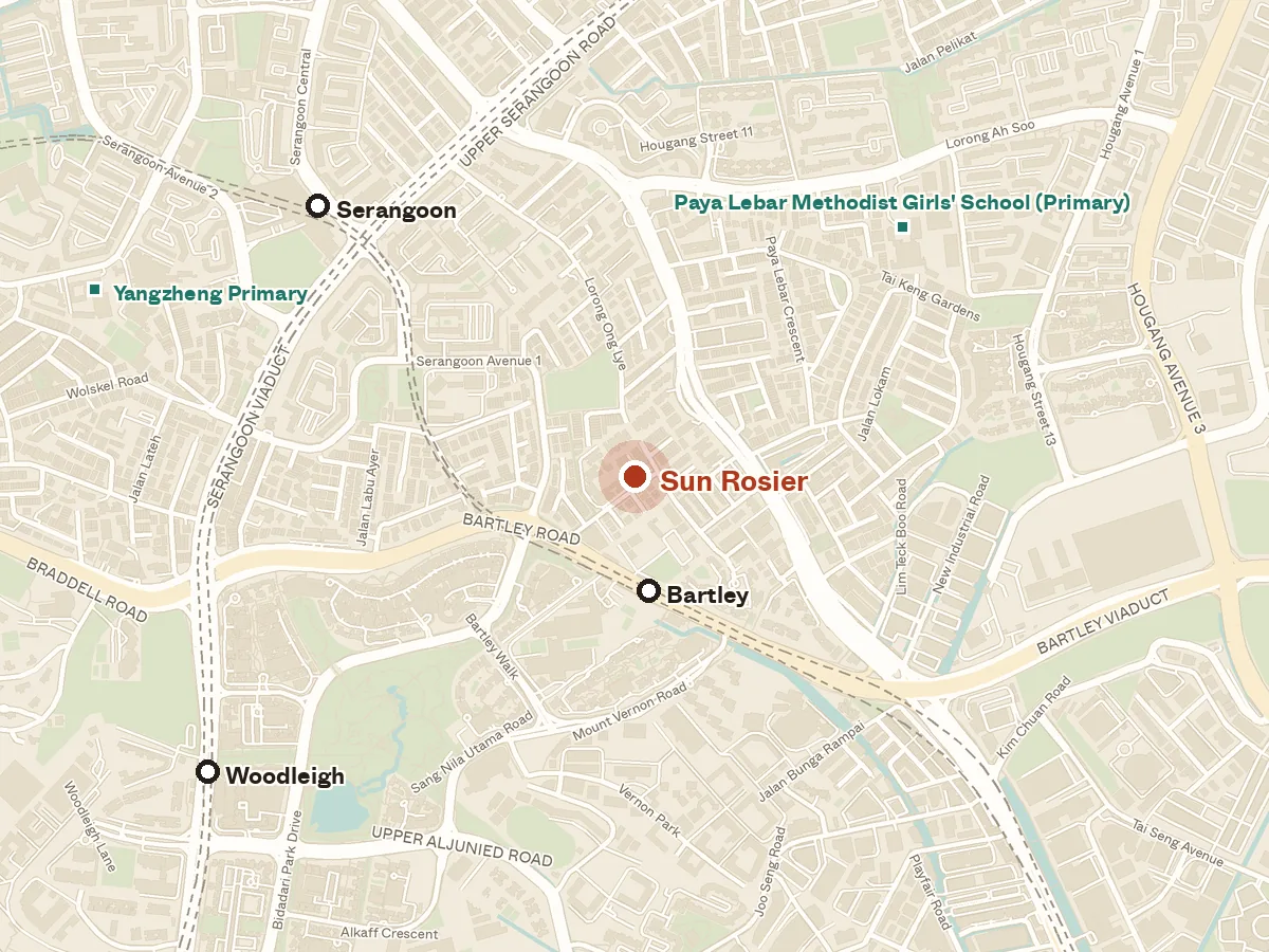 Map of the area around Sun Rosier, with nearby MRT stations and primary schools