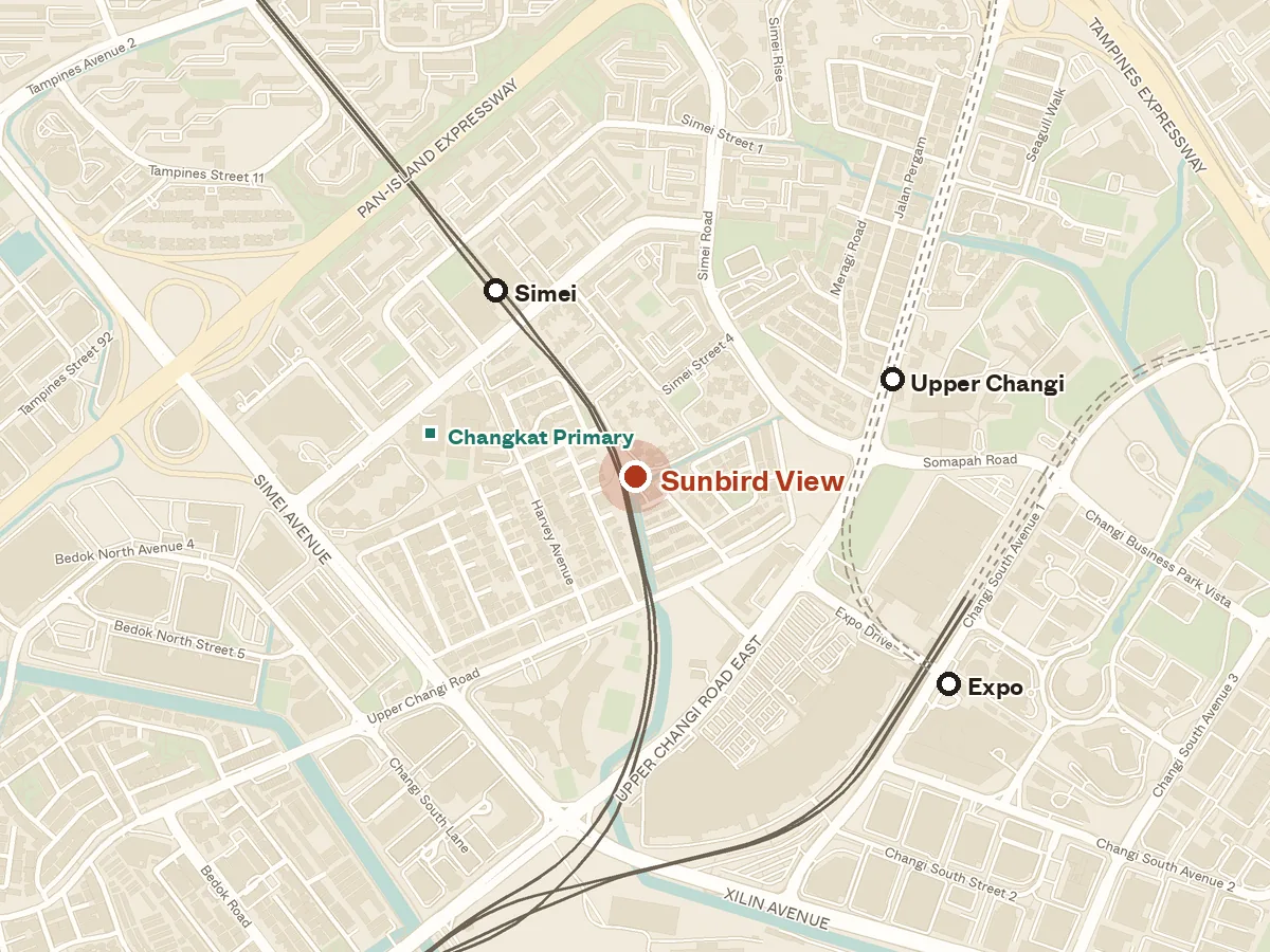 Map of the area around Sunbird View, with nearby MRT stations and primary schools