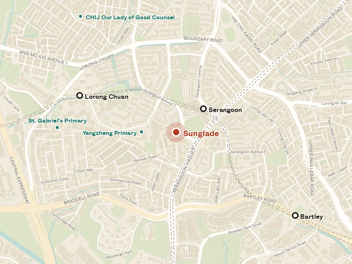 Map of the area around Sunglade, with nearby MRT stations and primary schools