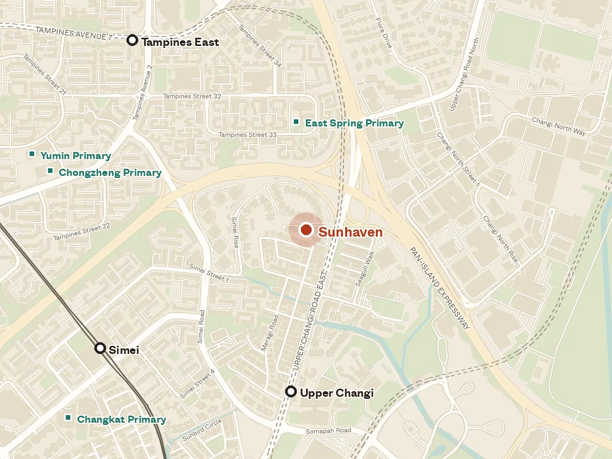 Map of the area around Sunhaven, with nearby MRT stations and primary schools