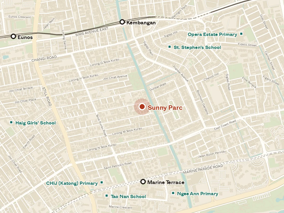 Map of the area around Sunny Parc, with nearby MRT stations and primary schools