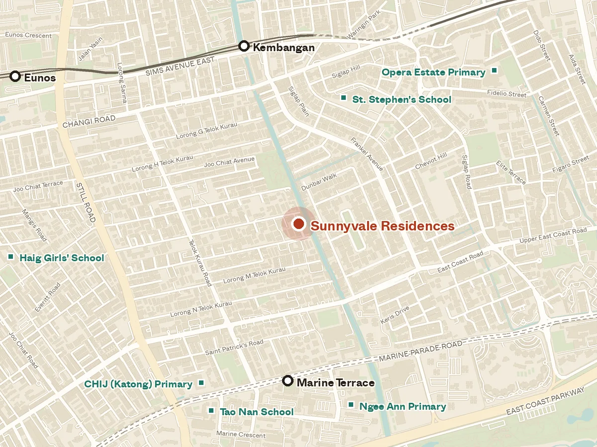 Map of the area around Sunnyvale Residences, with nearby MRT stations and primary schools