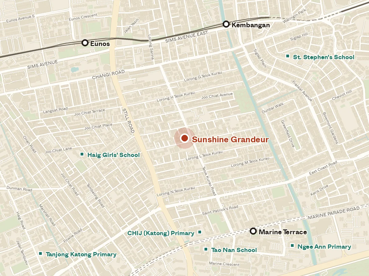 Map of the area around Sunshine Grandeur, with nearby MRT stations and primary schools