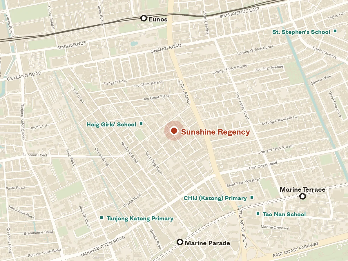Map of the area around Sunshine Regency, with nearby MRT stations and primary schools