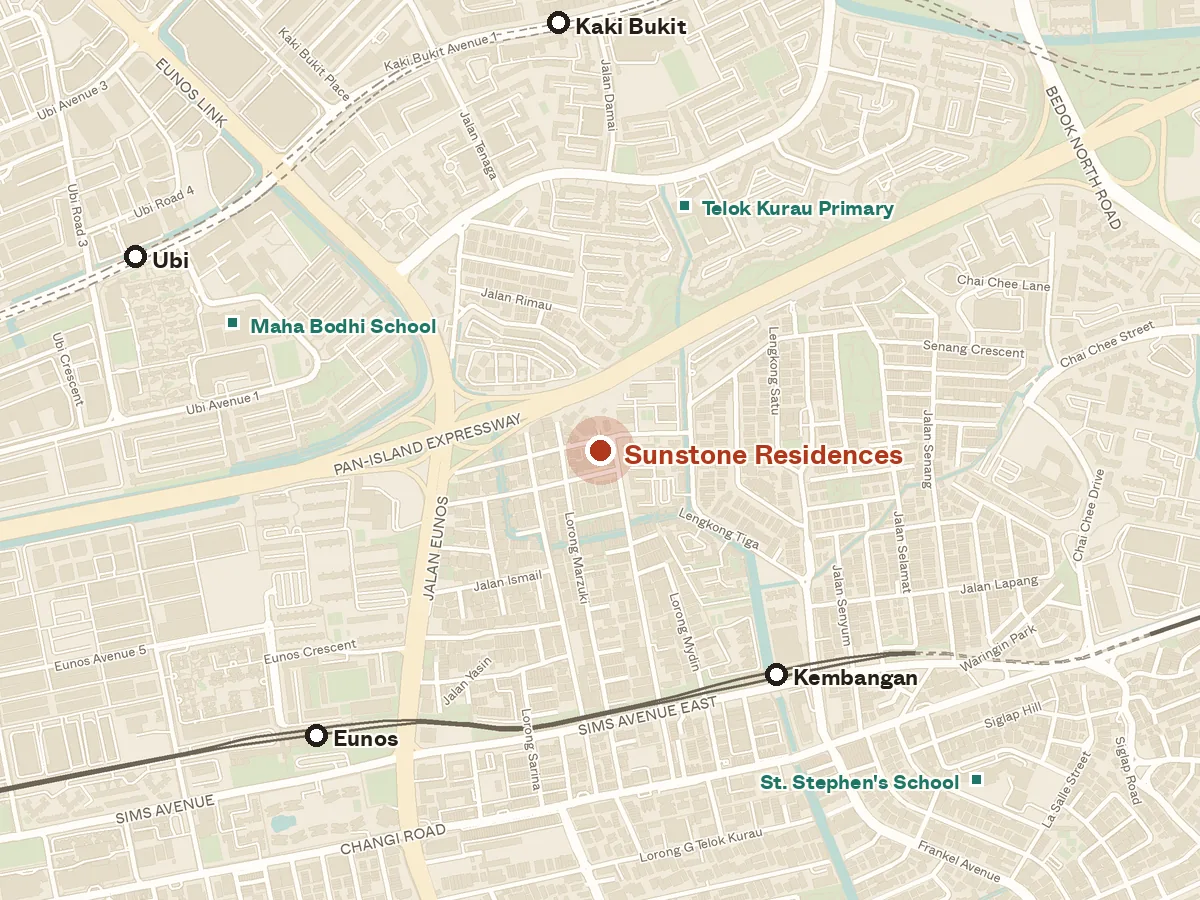 Map of the area around Sunstone Residences, with nearby MRT stations and primary schools