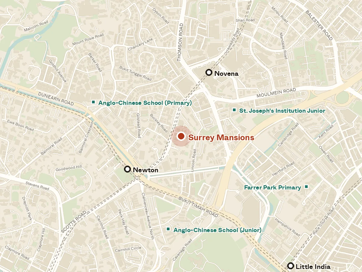 Map of the area around Surrey Mansions, with nearby MRT stations and primary schools