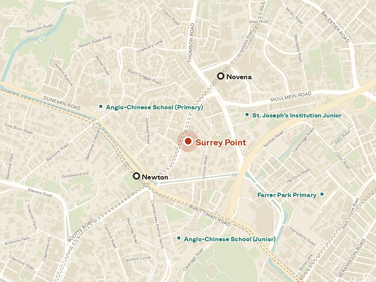 Map of the area around Surrey Point, with nearby MRT stations and primary schools
