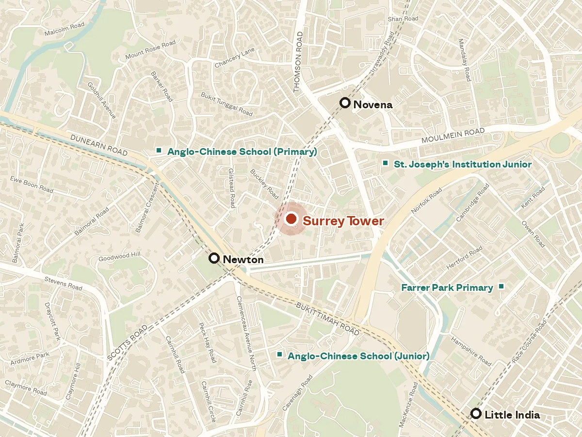 Map of the area around Surrey Tower, with nearby MRT stations and primary schools