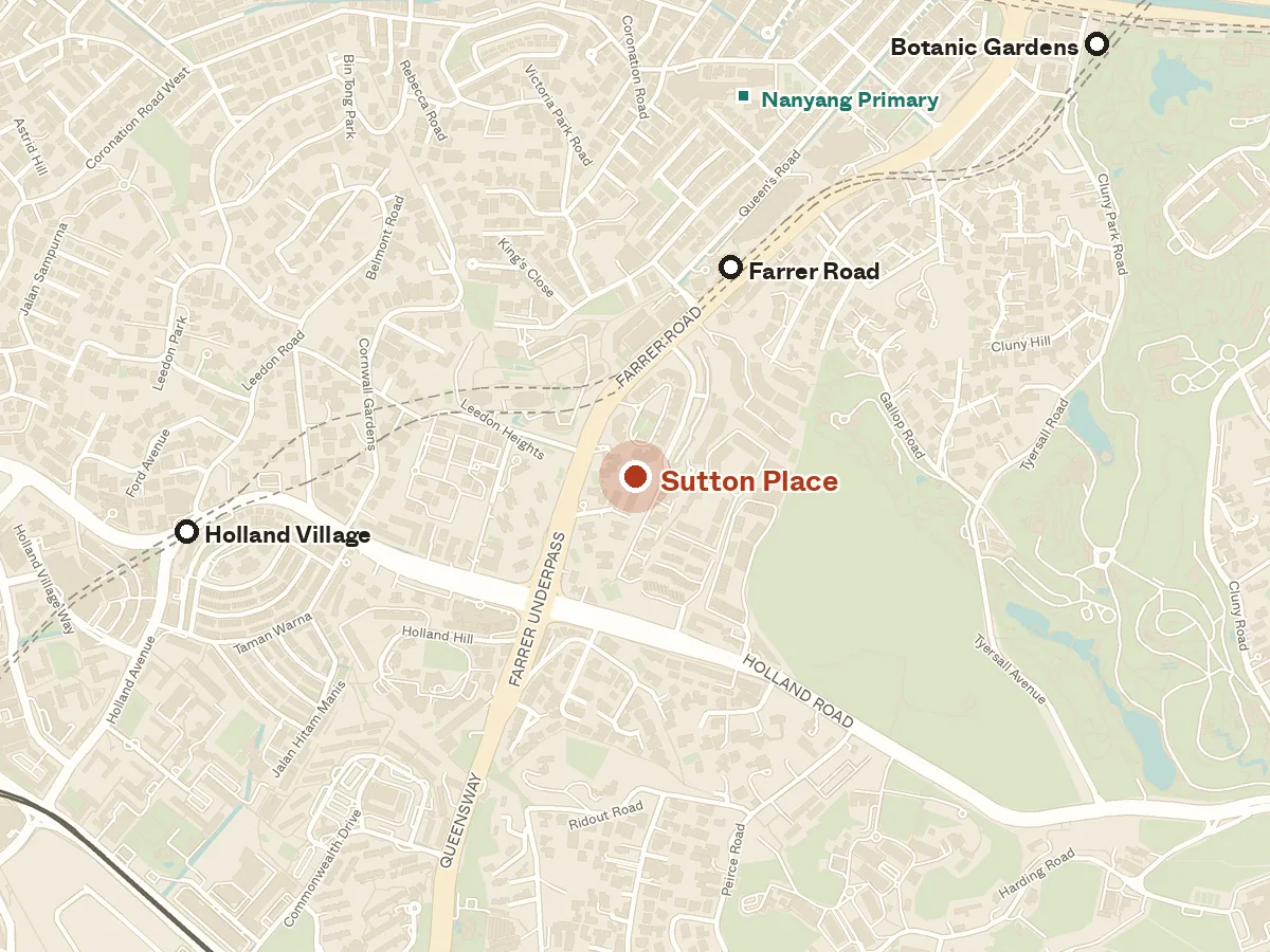 Map of the area around Sutton Place, with nearby MRT stations and primary schools