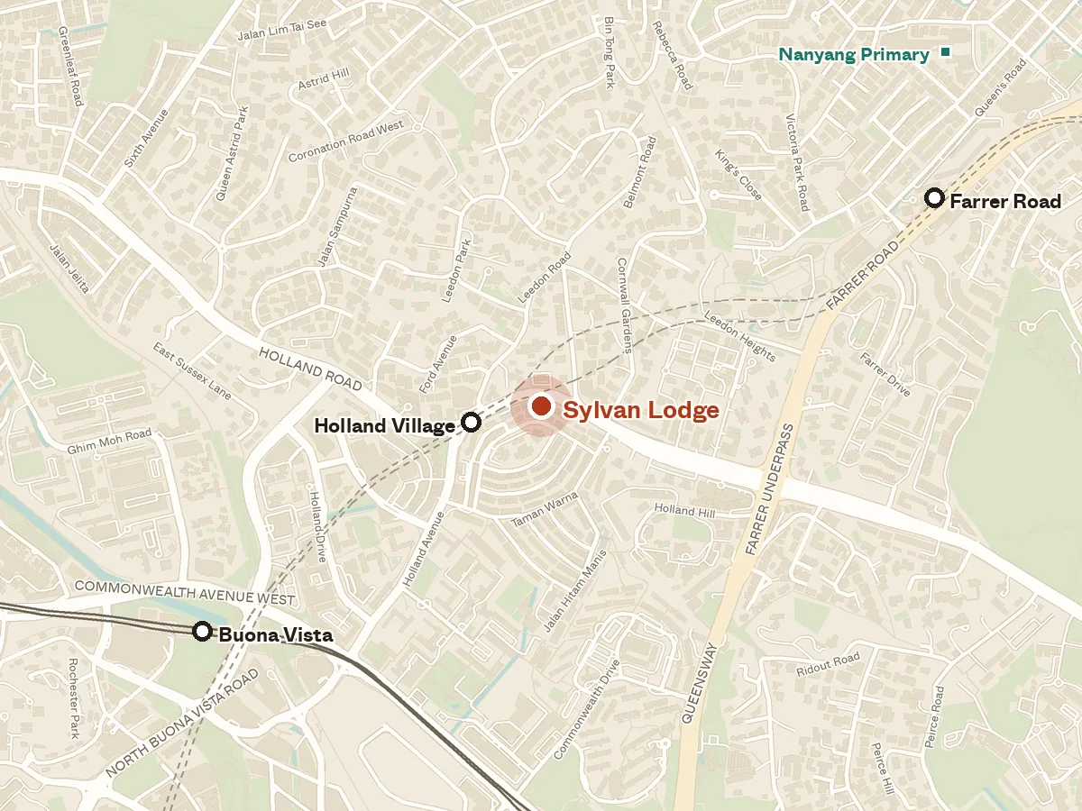 Map of the area around Sylvan Lodge, with nearby MRT stations and primary schools