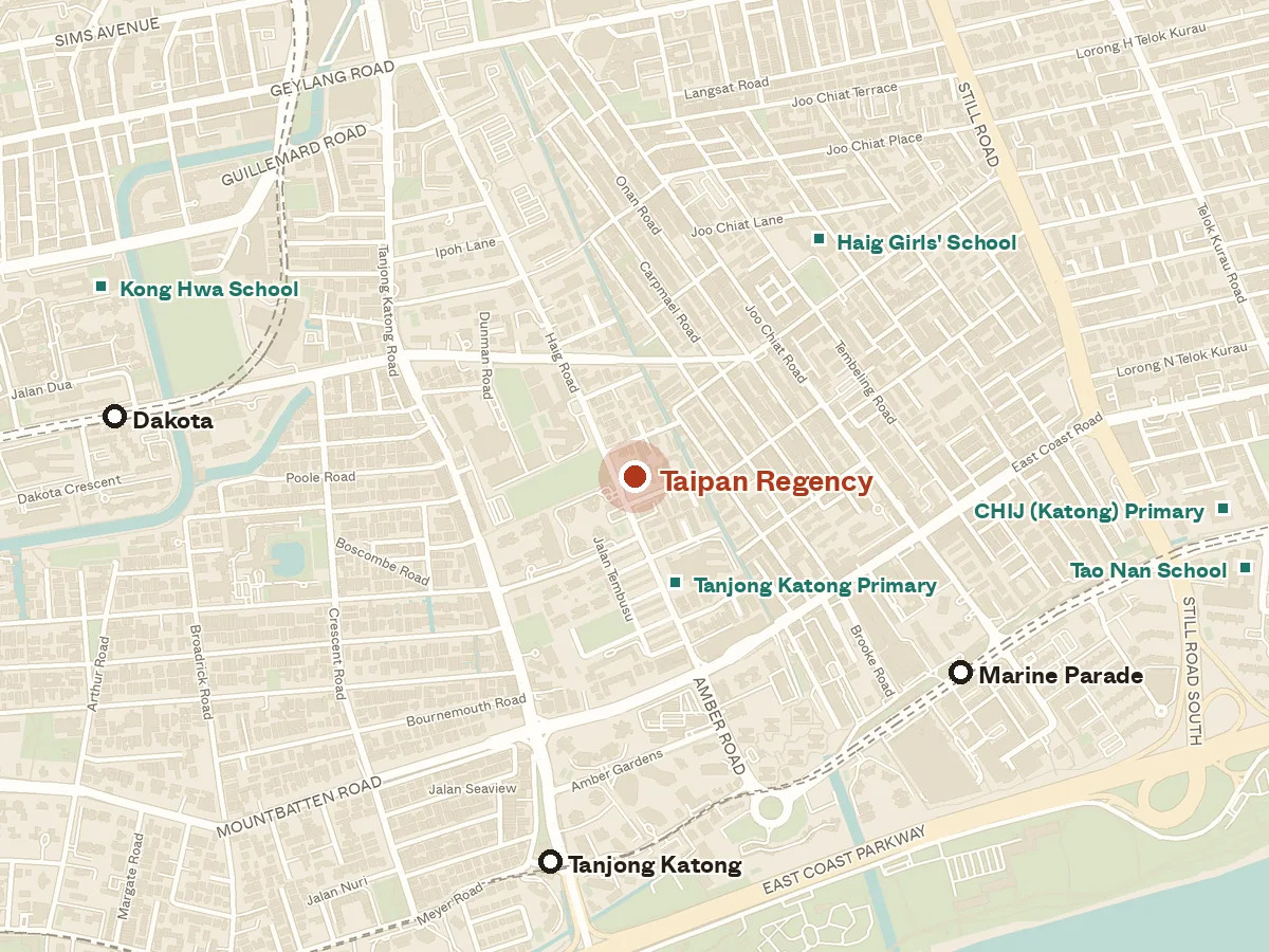 Map of the area around Taipan Regency, with nearby MRT stations and primary schools