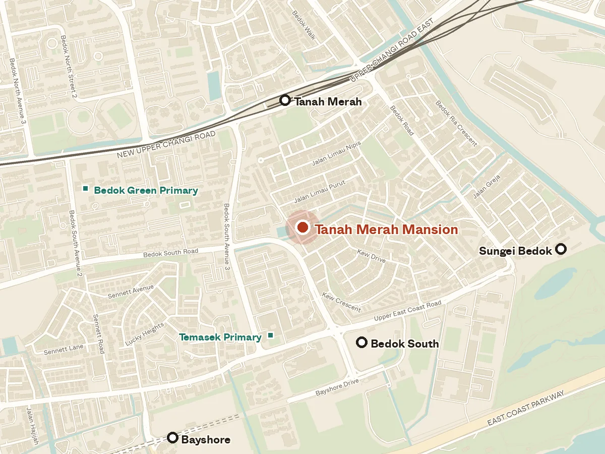 Map of the area around Tanah Merah Mansion, with nearby MRT stations and primary schools