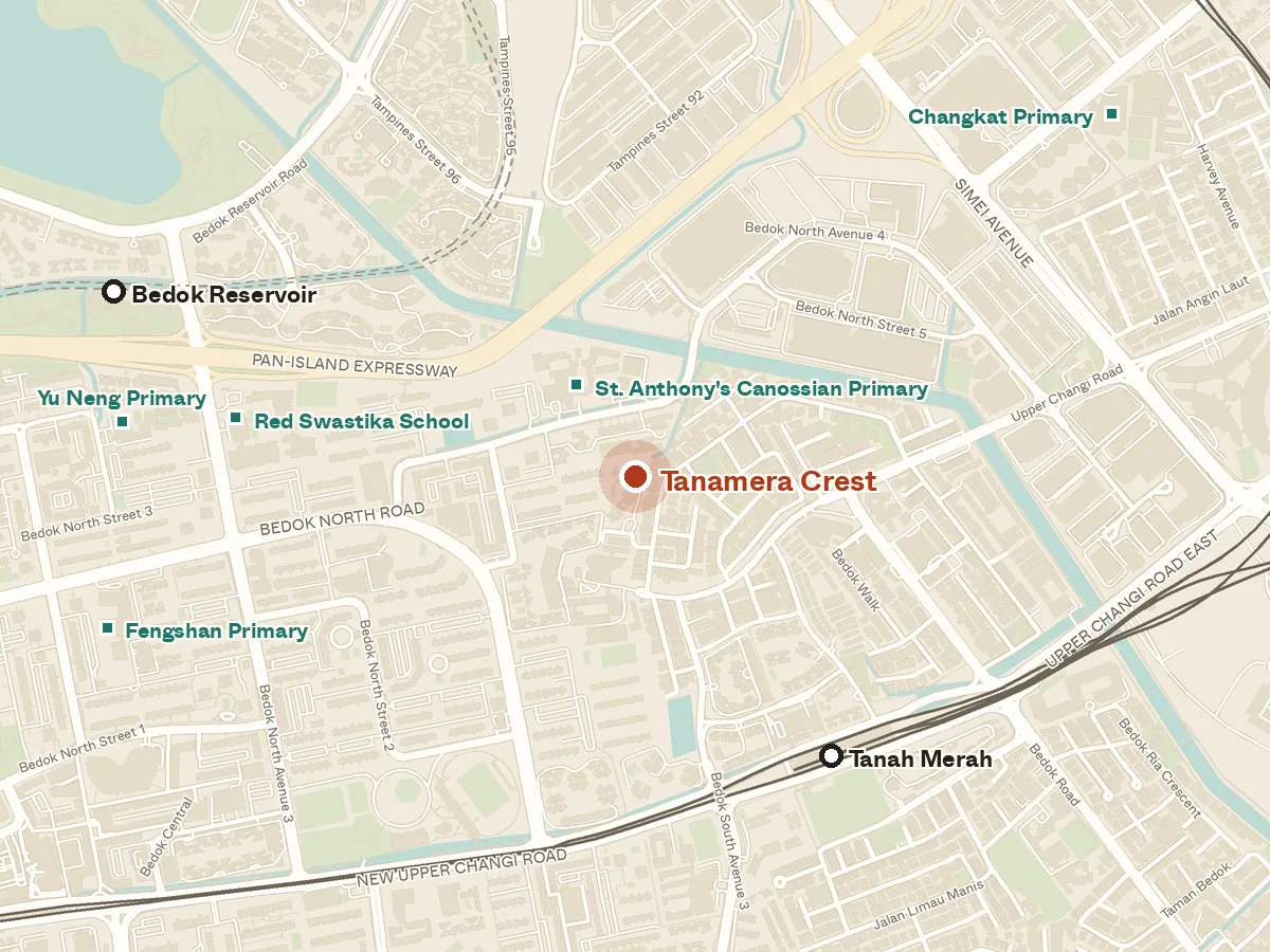 Map of the area around Tanamera Crest, with nearby MRT stations and primary schools