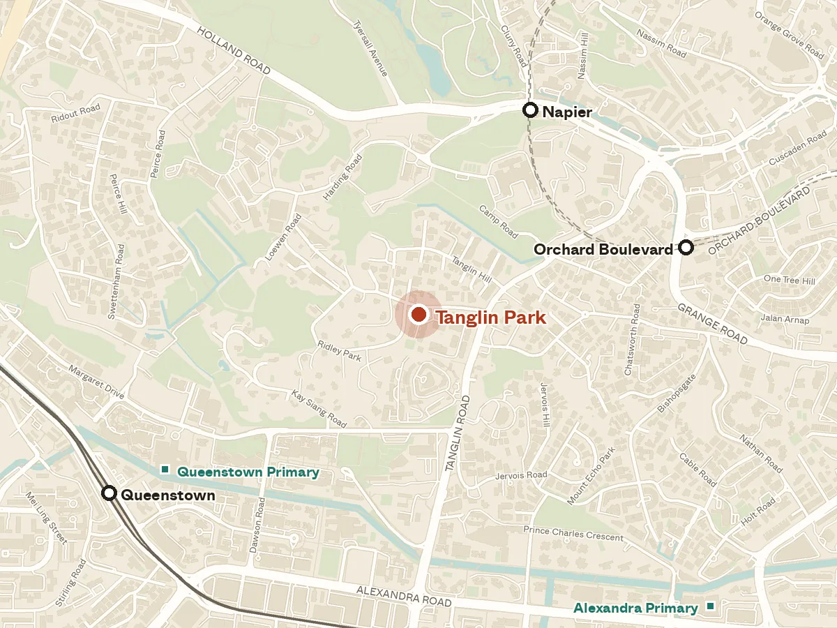 Map of the area around Tanglin Park, with nearby MRT stations and primary schools
