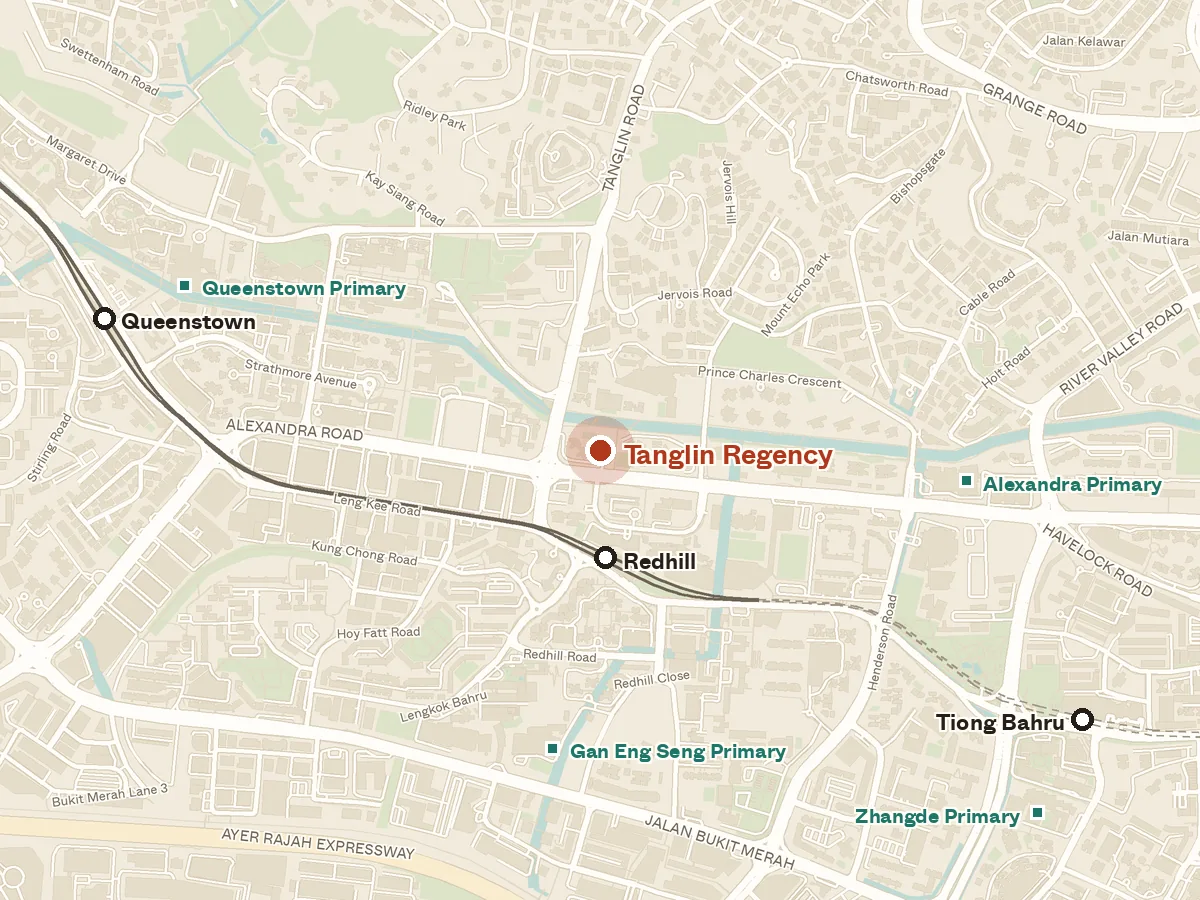 Map of the area around Tanglin Regency, with nearby MRT stations and primary schools