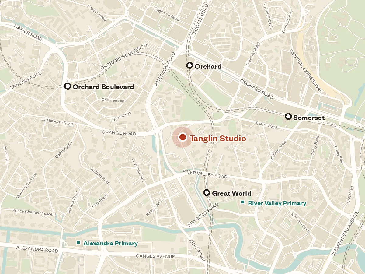 Map of the area around Tanglin Studio, with nearby MRT stations and primary schools