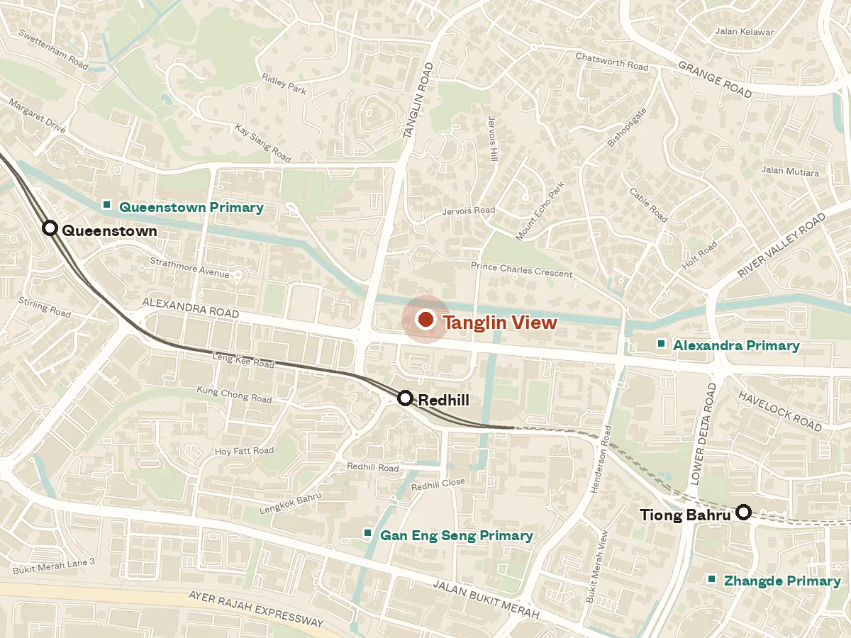 Map of the area around Tanglin View, with nearby MRT stations and primary schools