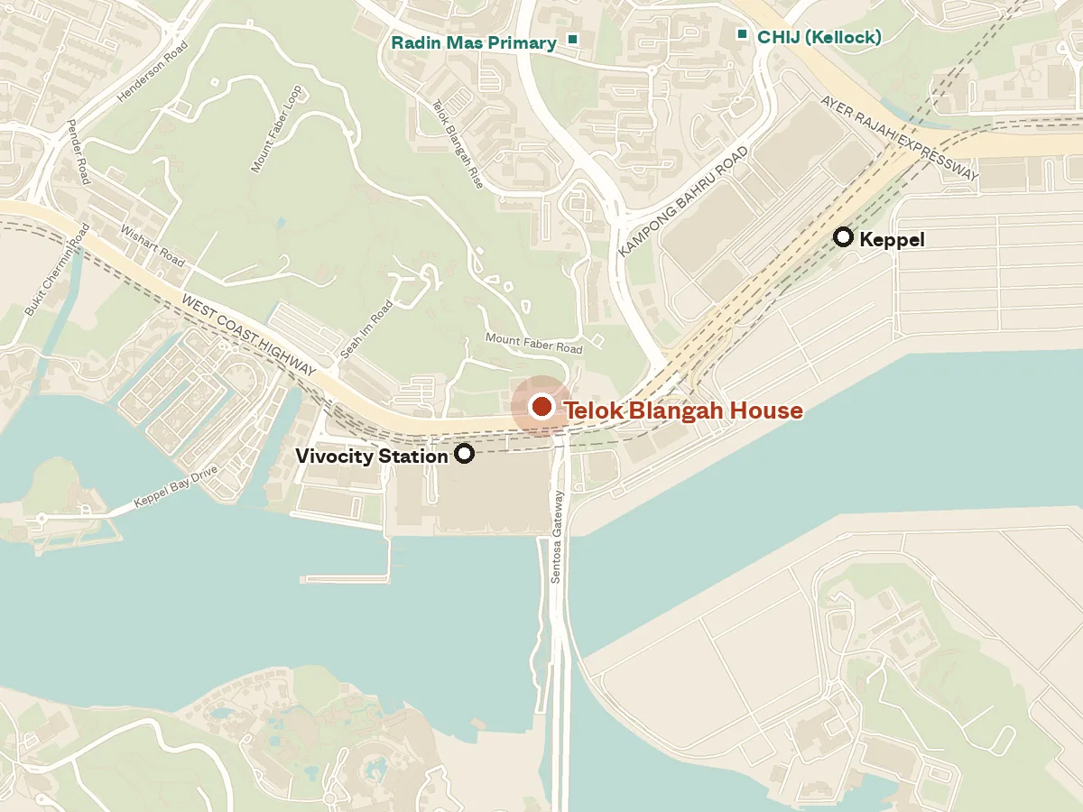 Map of the area around Telok Blangah House, with nearby MRT stations and primary schools
