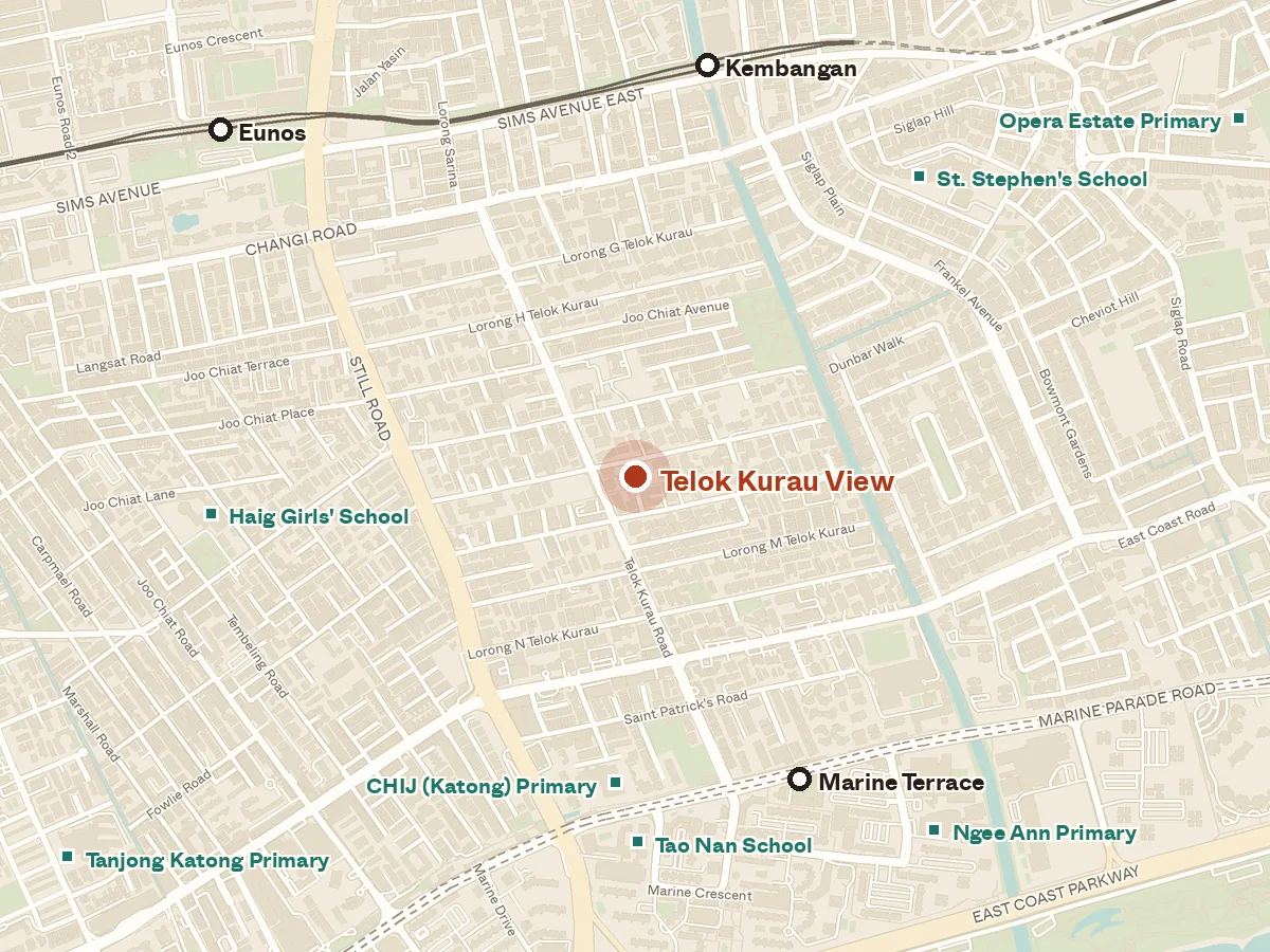 Map of the area around Telok Kurau View, with nearby MRT stations and primary schools