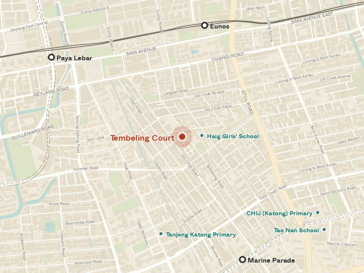 Map of the area around Tembeling Court, with nearby MRT stations and primary schools