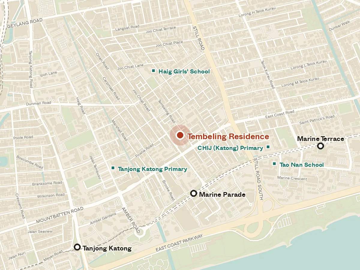 Map of the area around Tembeling Residence, with nearby MRT stations and primary schools