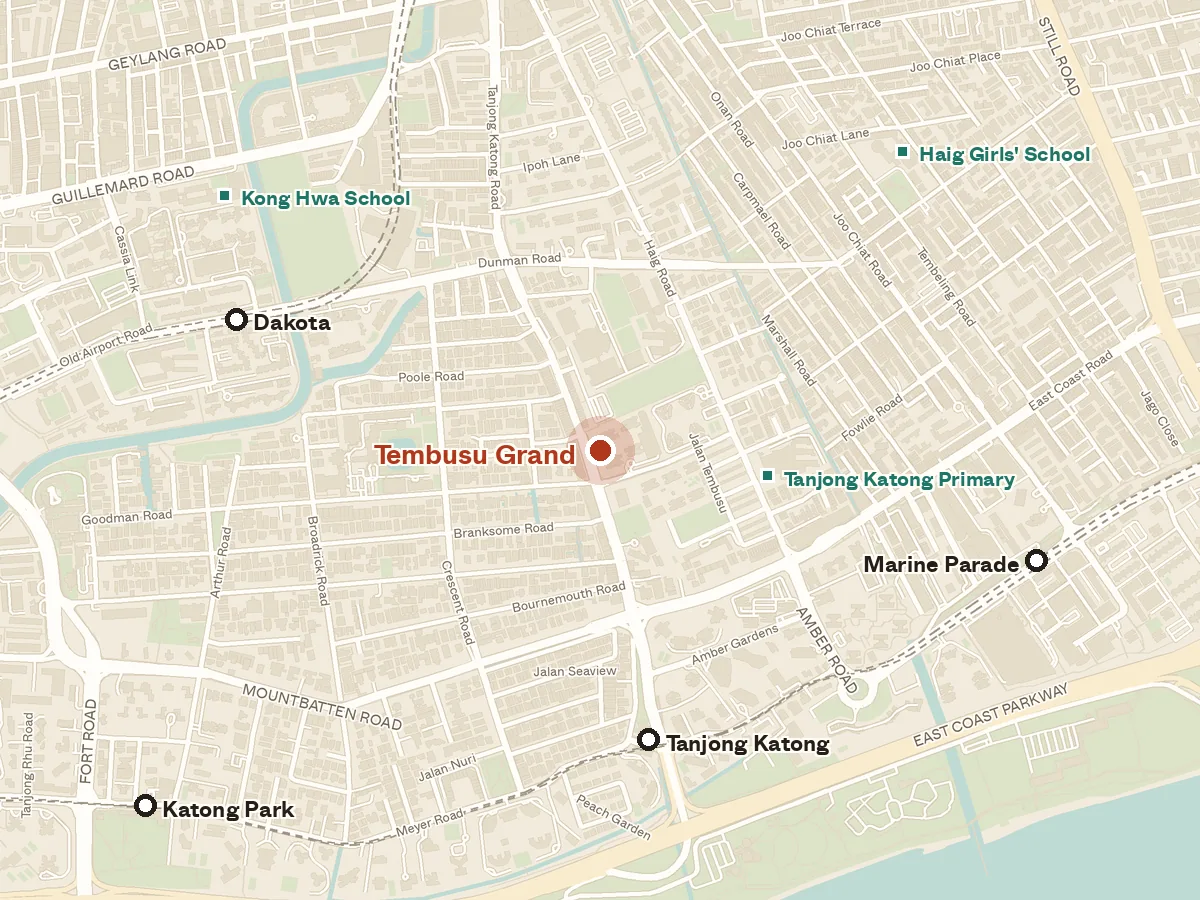 Map of the area around Tembusu Grand, with nearby MRT stations and primary schools