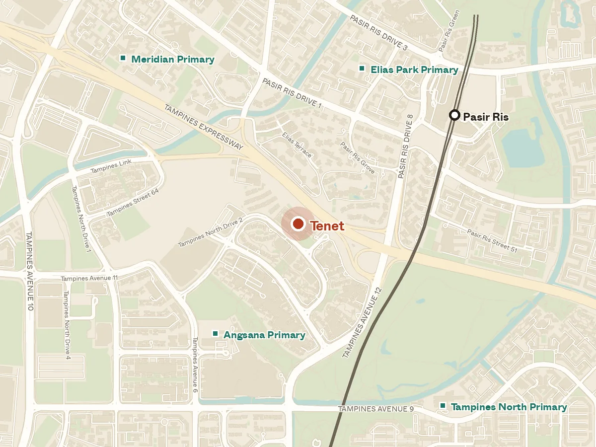 Map of the area around Tenet, with nearby MRT stations and primary schools