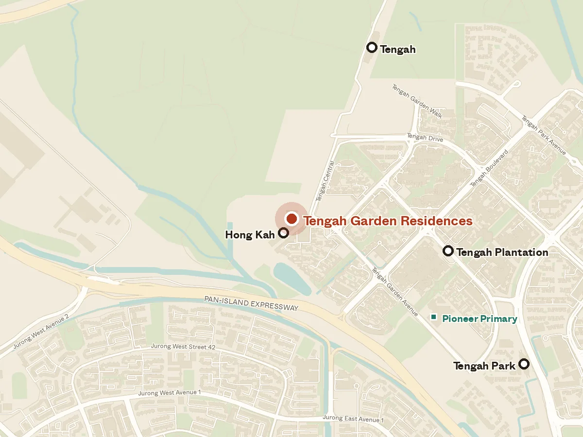 Map of the area around Tengah Garden Residences, with nearby MRT stations and primary schools