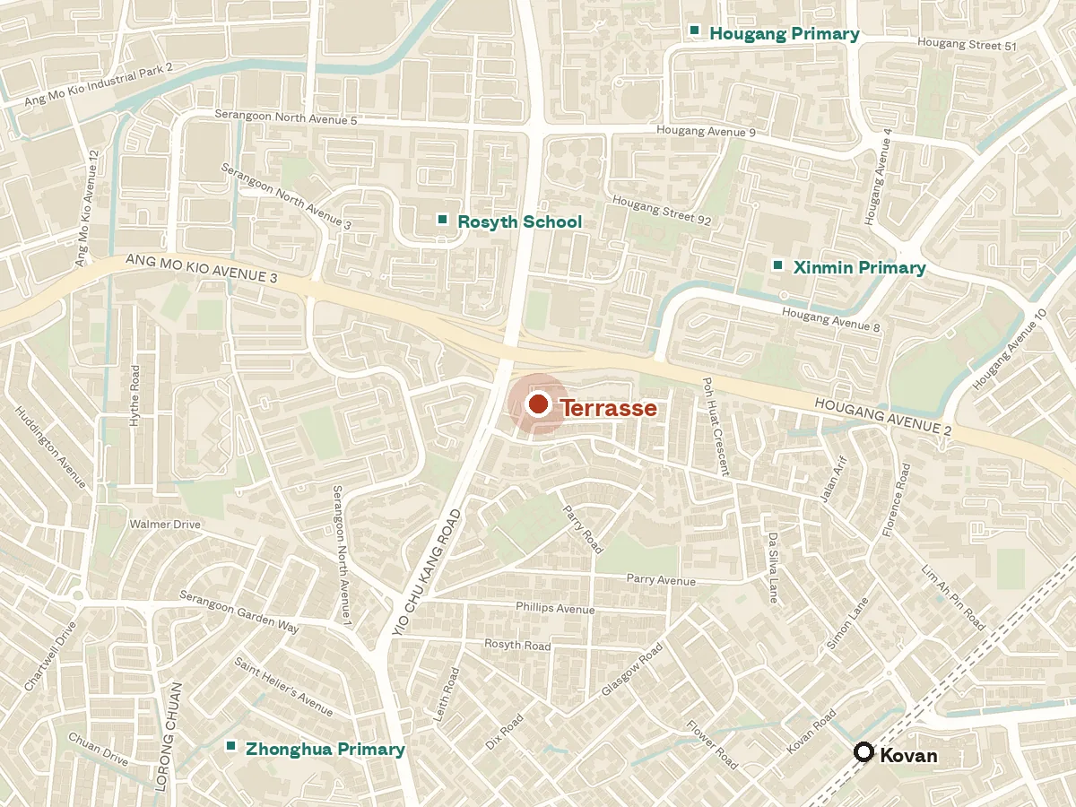 Map of the area around Terrasse, with nearby MRT stations and primary schools