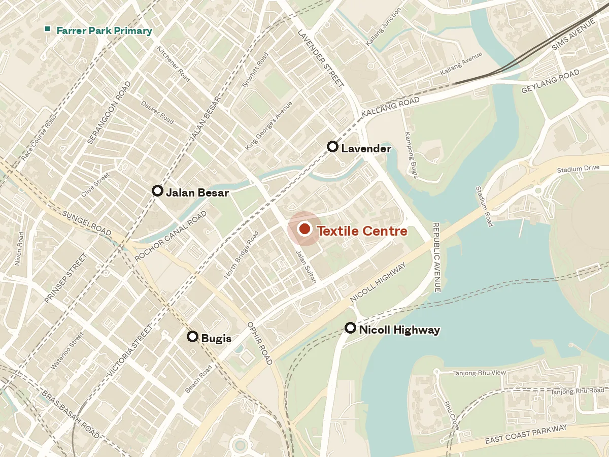 Map of the area around Textile Centre, with nearby MRT stations and primary schools