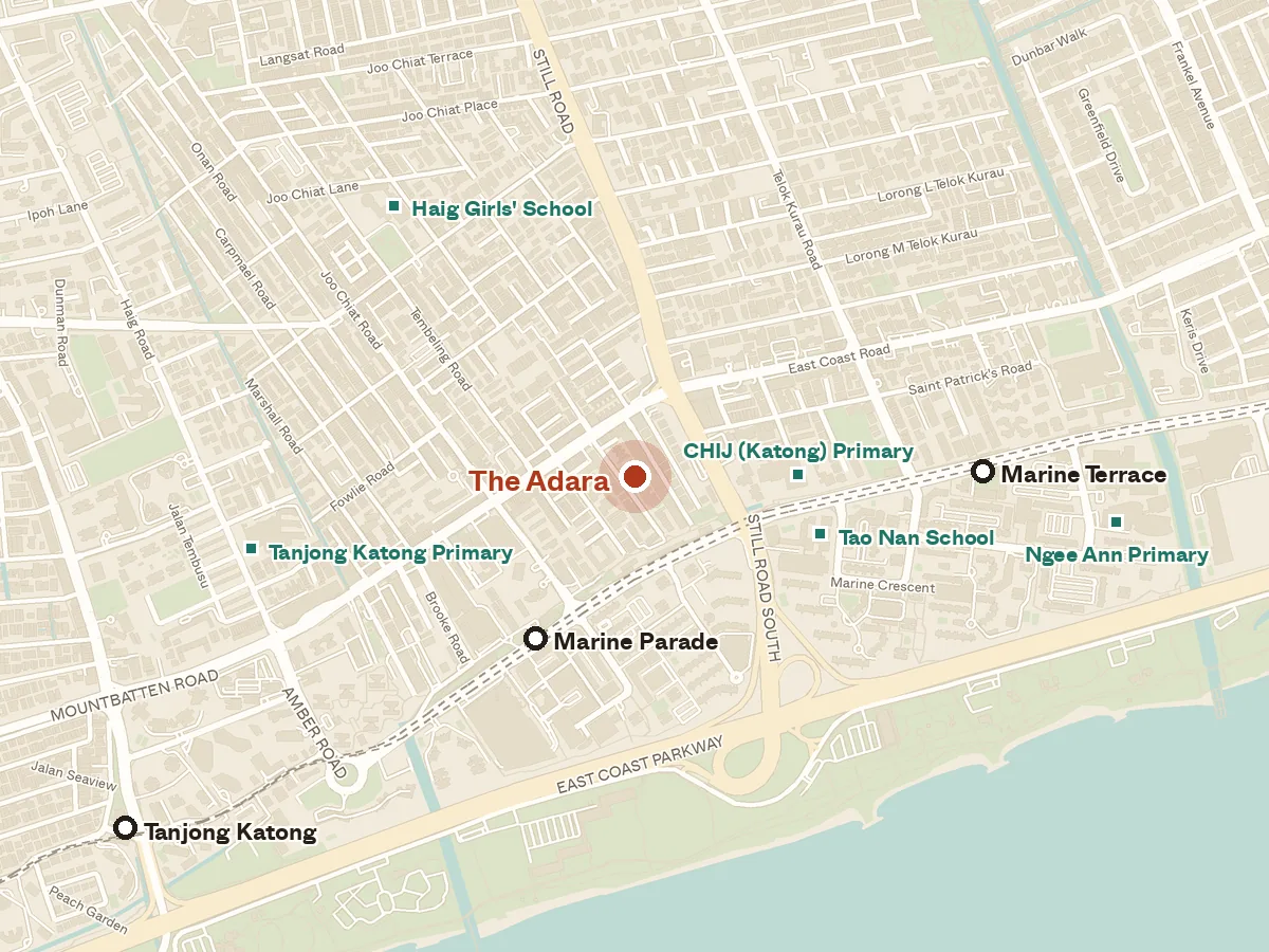Map of the area around The Adara, with nearby MRT stations and primary schools