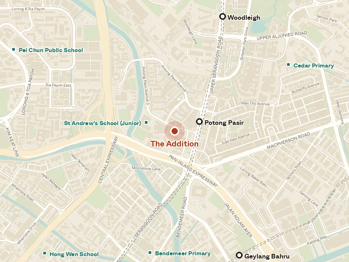 Map of the area around The Addition, with nearby MRT stations and primary schools