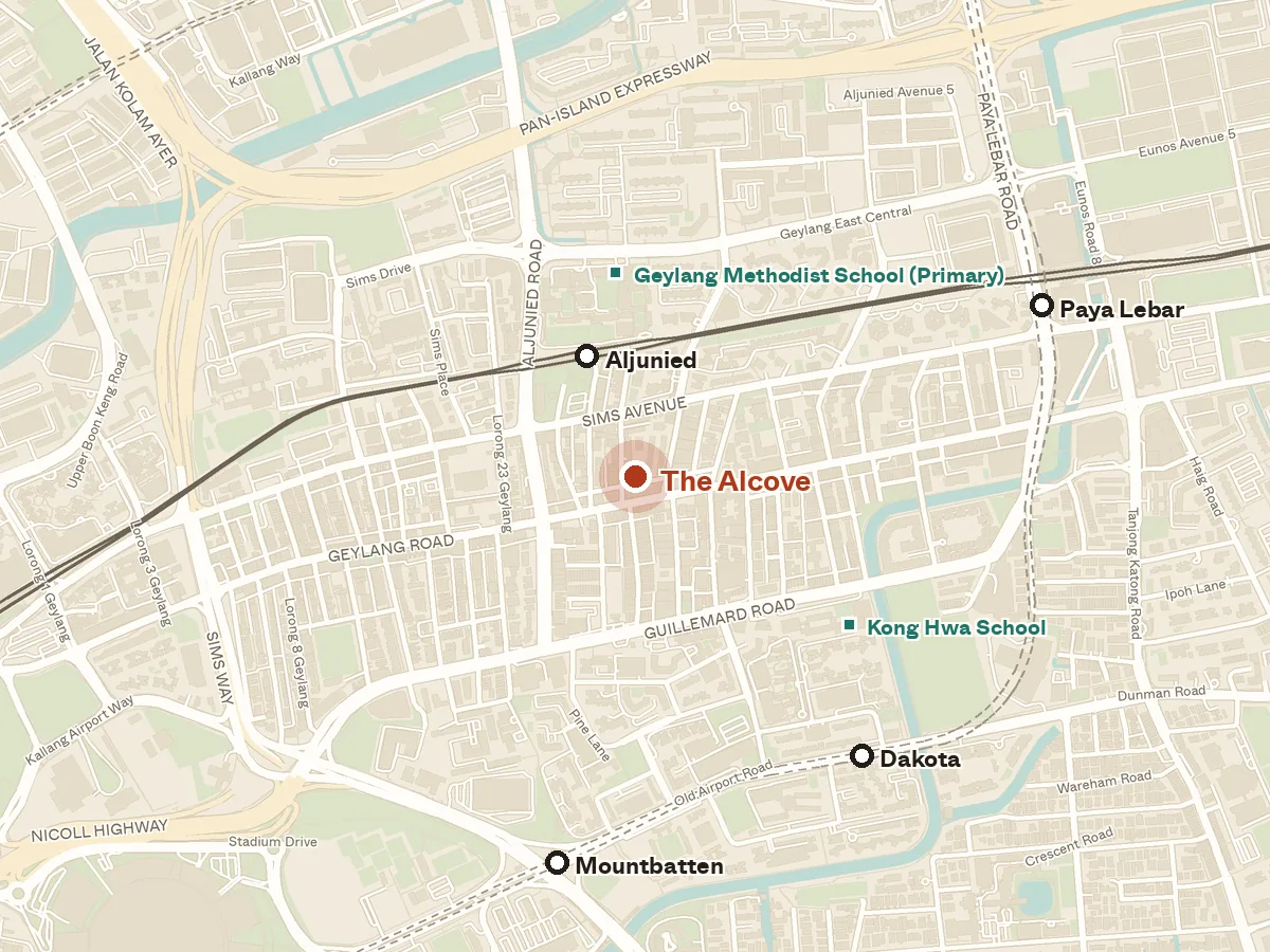 Map of the area around The Alcove, with nearby MRT stations and primary schools